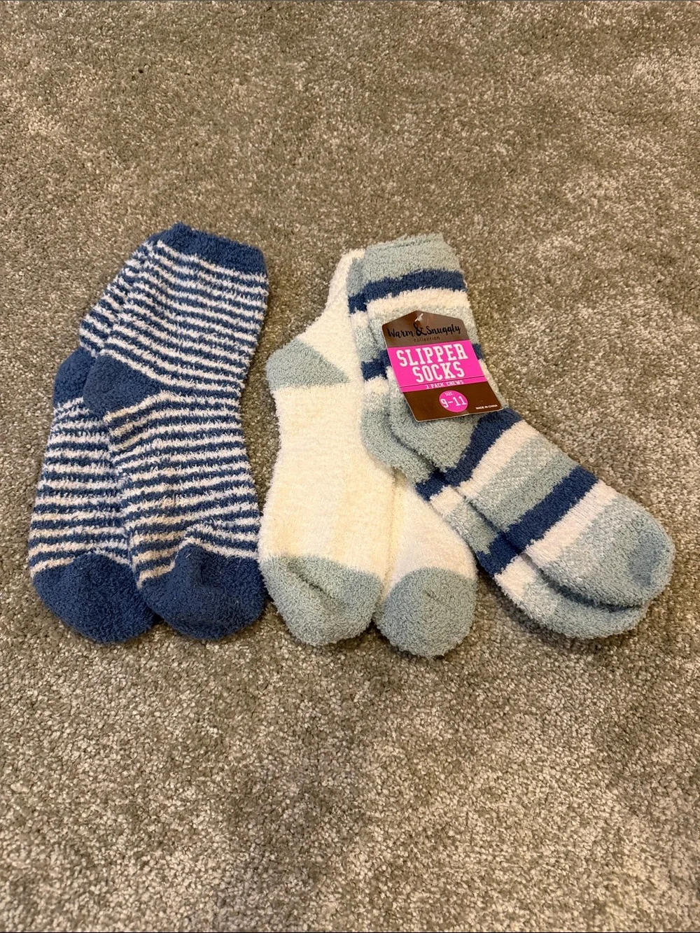 Cozy Slipper Socks - Blue & White Striped - 3-Pack
